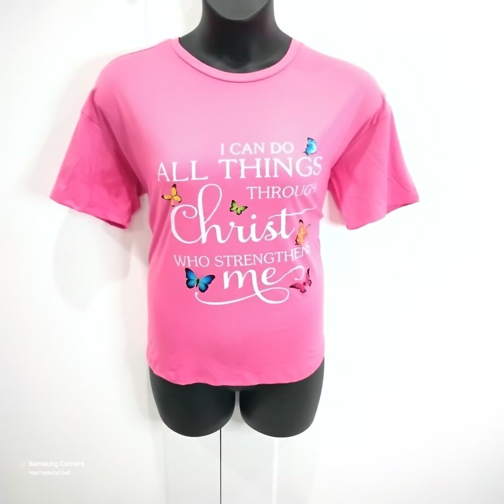 Pink Short Sleeve Christian Scripture Phil. 4:13 I CAN DO ALL THINGS New XL